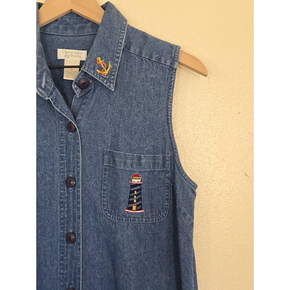 Vintage Christopher & Banks Denim Maxi Dress M Nautical Embroidered Button Front - Picture 3 of 9